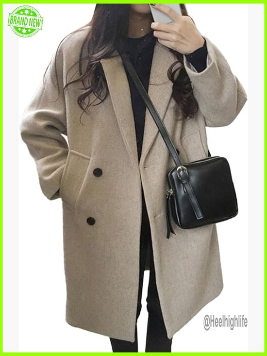 Jackets & Blazers - Women's Double Breasted Wool Blend Pea Coat Loose Fit Winter Overcoat